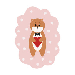 Greeting card with a cute bear and hearts. Vector illustration.