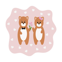 Greeting card with a cute bear and hearts. Vector illustration.