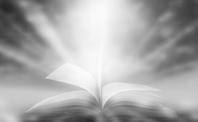 Imagine a picture book of an ancient book opened on a wooden table with a sparkling golden...