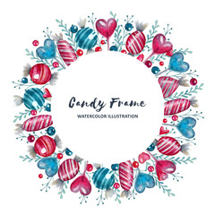 Watercolor round frame template with candy and branches. Hand drawn illustration with space for text. Decor for invitations, greeting cards, posters, design elements.