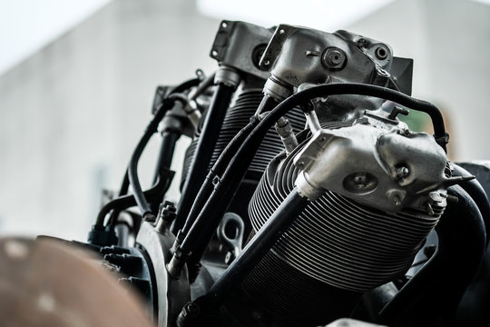 Airplane Engine Parts, Close Up View On A Part Of Old Plane Turbine With Text And Registration Mark.