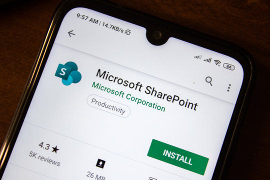 Ivanovsk, Russia - July 07, 2019: Microsoft SharePoint app on the display of smartphone or tablet.