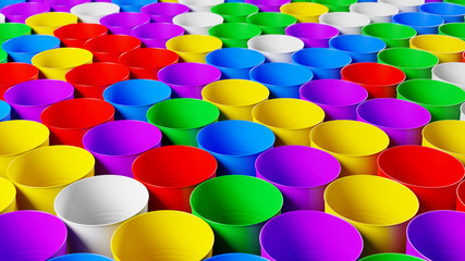 Disposable Plastic Cups in Assorted Colors. 3D Render.