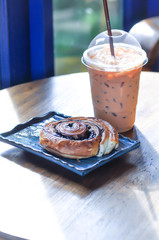 iced coffee, iced latte and danish