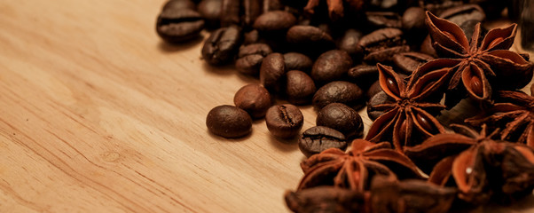 Preparing roasted coffee beans up, Photo filtered in vintage style can be used as a background, Top view with copy space for your.