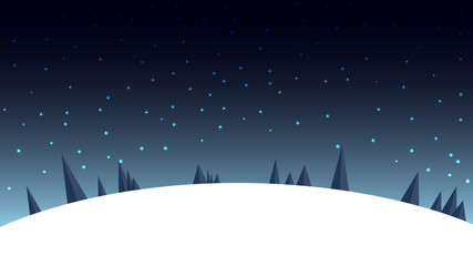Cartoon night winter landscape with starry sky, pines and snow