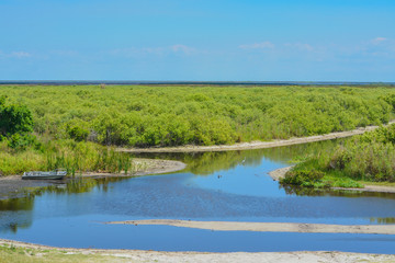 Fototapeta na wymiar Abandoned boat in the marsh of Lake Okeechobee, Okeechobee County, Florida USA