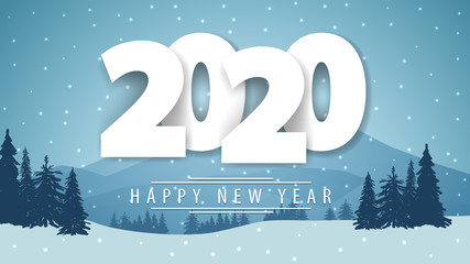2020, Happy New Year, postcard with white volumetric numbers and winter landscape with mountains on the horizon, pine forest and snow on background