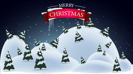 Merry Christmas, greeting postcard with night winter landscape with big snowdrifts