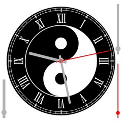 Vector vintage watch dial with Yin Yang and arrows on black background. Illustration clip-art
