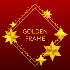 Vector golden frame. Shining rectangle banner. Isolated on black transparent background. Vector illustration, eps 10.