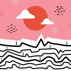 Vector print design with abstract nature landscape. Simple style illustration with doodle mountains, pine trees, sun and clouds.