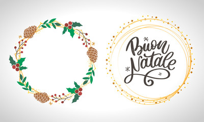 Fototapeta na wymiar Buon Natale. Merry Christmas Calligraphy Template in Italian. Greeting Card Black Typography on White Background. Vector Illustration Hand Drawn Lettering.