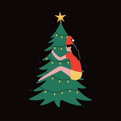 Vector illustration with young woman hugging green christmas pine tree with yellow garland and star.