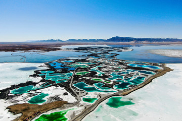  Beautiful drone shot emerald Lake view at Emerald Lake, also called Dachaidan Lake located in Qinghai Province, China