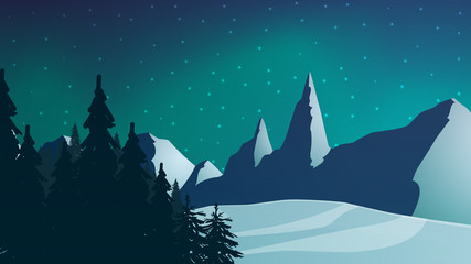 Winter night landscape with forest, mountains, starry sky and Northern lights over mountains
