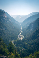 Panoramic view from Glacier Point over Yosemite Valley. Yosemite Valley is a glacial valley in Yosemite National Park in the western Sierra Nevada mountains of Northern California.