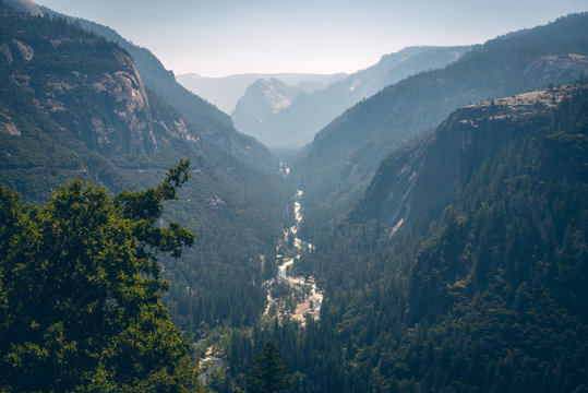 Panoramic view from Glacier Point over Yosemite Valley. Yosemite Valley is a glacial valley in Yosemite National Park in the western Sierra Nevada mountains of Northern California.