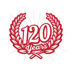 120 years anniversary celebration with laurel wreath. One hundred twentieth anniversary logo. Vector and illustration.