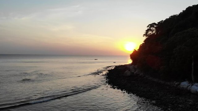Aerial view of Layan beach with sunset at Phuket Thailand