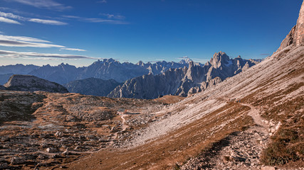 View to path to the Tre Cime peaks in Dolomites