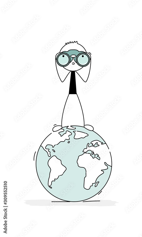 Canvas Prints Doodle stick figure: Man on a globe looks through binoculars.