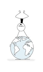 Doodle stick figure: Little man upside down, tourist on the globe.