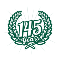 145 years anniversary celebration with laurel wreath. One hundred forty fifth anniversary logo. Vector and illustration.