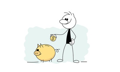 Doodle stick figure: Man is going to put a coin in a piggy bank. Cartoon finance concept.