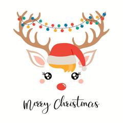 Hand drawn card with cute reindeer face in Santa Claus hat, garland hanging from antlers, text Merry Christmas. Vector illustration Isolated on white. Flat style design. Concept for holiday print.