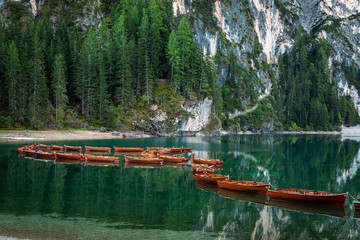 Lago di Braies and boats on lake, Dolomites