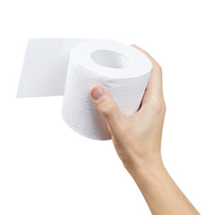 Hand holding a roll of toilet paper, isolated on white background