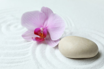 Fototapeta na wymiar Stone and beautiful flower on sand with pattern. Zen, meditation, harmony