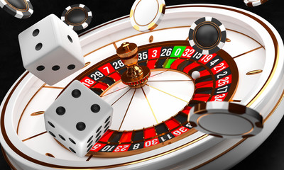 Casino background. Luxury Casino roulette wheel on black background. Casino theme. Close-up white casino roulette with a ball, chips and dice. Poker game table. 3d rendering illustration.