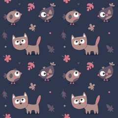 Seamless animal autumn pattern made with cat, bird, flower, plant, leaf