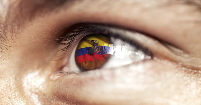 Man with brown eyes in close up, the flag of ecuador in iris,  with wind motion. video concept