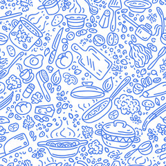 Materiał do szycia Food vector background. Cooking seamless vector pattern. Vegetables, pots, spoons, spices.
