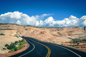 Panoramic landscape of Capitol Reef National Park in Utah. Travelling in U.S. The road and landscape. Giant Twin Rocks of Capitol Reef National Park in Utah