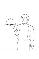 Linear drawing of a standing waiter with a tray with a dish in his right hand. Continuous line drawing of a black outline of a restaurant employee with an order. It can be used for animation. Vector 
