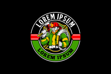 leprechaun fire fighter cartoon character with axe logo vector template