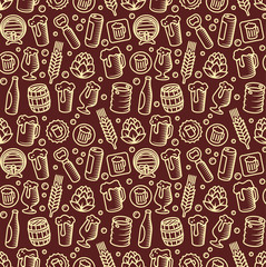 Beer pattern. Engraved style brown beer illustrations. - obrazy, fototapety, plakaty