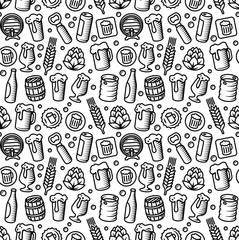 Beer pattern. Engraved style black beer illustrations.