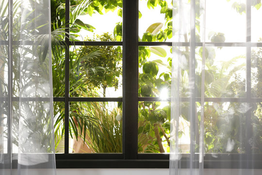 Fototapeta Beautiful view through window on garden in morning