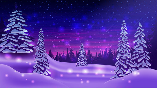 Winter landscape with snow-covered pines, snowdrifts, blue and purple starry sky and pine forest on horizon