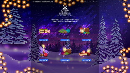 Christmas website template with goods, Christmas icons and winter landscape with snow-covered pines, snowdrifts and blue and purple starry sky