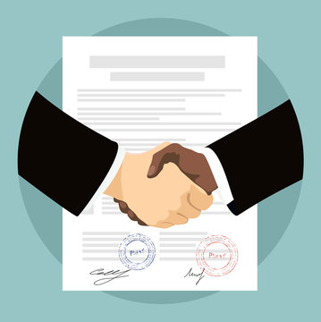 Two Businessman handshake on contract papers after agreement. vector illustration in flat style.