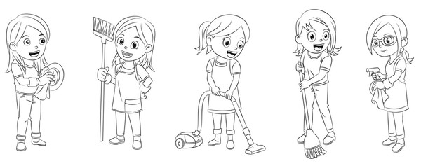 Cartoon collection of girls cleaning the house for coloring books
