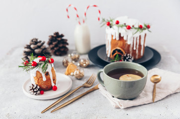 Traditional Christmas cake with cranberry, hot tea