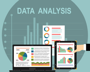Analyzes data. Analysis concept, flat design. Process research financial growth, statistics, data analysis, document, market, strategic, report. Development Planning. Vector