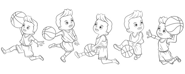 Cartoon collection of boys playing basketball for coloring books